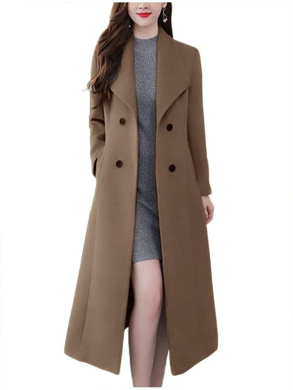 Women's Coffee Wool Maxi Long Shawl Collar Double Breasted Classic Trench Coat